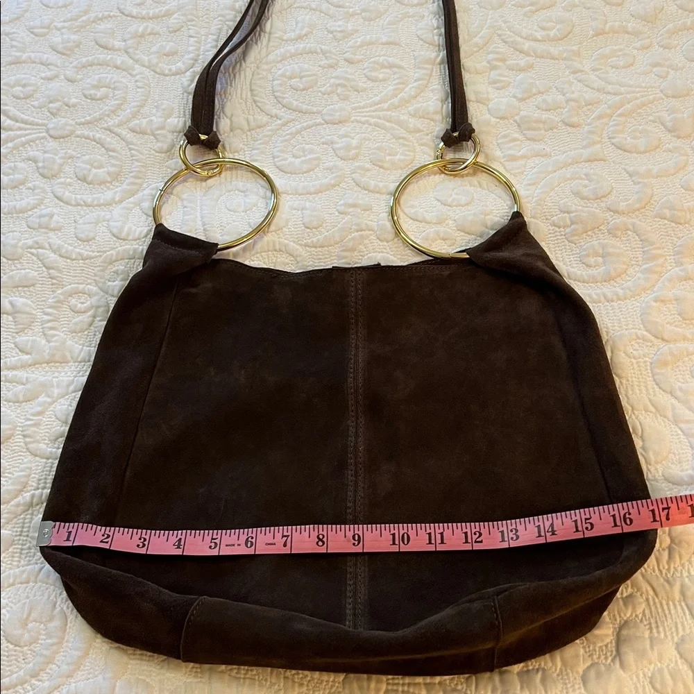 Claudia Firenze Suede Crossbody Slouchy Hobo Tote Bag Chocolate Brown Gold Ring